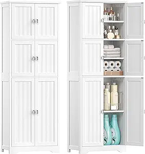 63" H Tall Bathroom Storage Cabinet, Linen Floor Cabinet with 6 Doors and Adjustable Shelves, Pantry Storage Cabinet for Bathroom, Living Room, Laundry Room, Kitchen, White