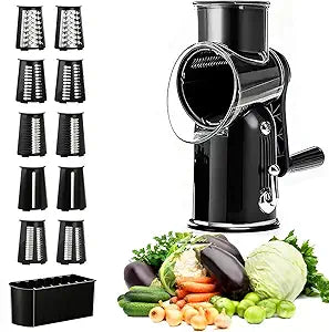 Rotary Cheese Grater with Handle, Vegetable Chopper Quick Chop Blades, Compact Design for Home and Professional Kitchens Meal Prep Tool, Kitchen Gadget 5-in-1 with Blade Storage Box (Black)