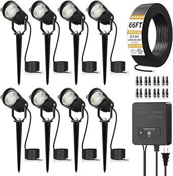 Low Voltage Landscape Lighting Kit, 6W Landscape Lights with Transformer 66FT UL-Listed Wire & Connectors, 3000K Waterproof Outdoor Spotlight Lights for Yard House Tree 12V-24V 8Pack