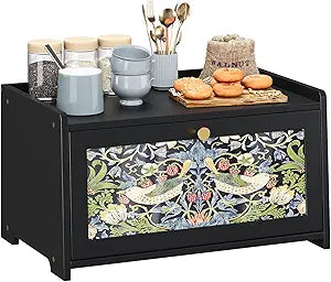 Trironsun Bread Box for Kitchen Counter Black Bread Storage Container with Acrylic Door William Morris Flower Bird Design Farmhouse Breadbox Organizer (Black)