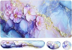 4-in-1 Desk Mat Set with Mouse Pad and Ergonomic Wrist Rest, Keyboard Mat and Mouse Pad Set, Large Desk Pad with Wrist Rest and Coaster - Purple Flowers, 31.5"x15.7"