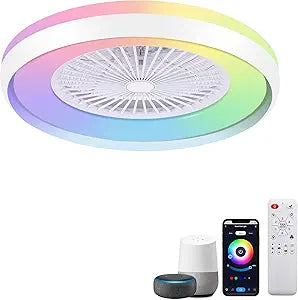 24" Bladeless Ceiling Fans with RGB Light, Low Profile Ceiling Fan with Light, Smart Modern Ceiling Fan with App/Remote/Voice Control, 3 Dimmable LED Light for Bedroom, Living Room White