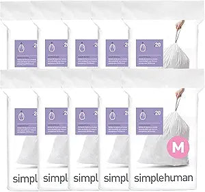 simplehuman Code M 200 Count Custom Fit Liners, Drawstring Kitchen Trash Bags, One-by-One Mess-Free Dispense, Extra Thick & Double Seamed, 50% PCR Plastic, 40-45 Liter / 11-12 Gallon, White