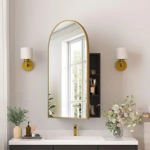 Medicine Cabinets for Bathroom, Brush Gold Arched Medicine Cabinet Recessed or Surface Wall-Mounted,Modern Bathroom Vanity Mirror with Storage, Mirrored Cabinet with Adjustable Shelves,16x31 Inch