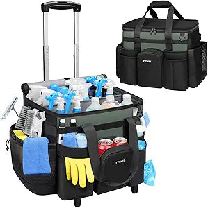 Ytonet XXL Cleaning Caddy with Wheels, Large Rolling Cleaning Caddy Bag with Detachable Trolley for Housekeepers, Water Resistant Cleaner Supplies Organizer with Wheels for Kitchen, Tool Organizer