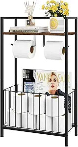 Freestanding Toilet Paper Holder with Storage Shelf, Bathroom Toilet Paper Holder Stand with Extra Roll Storage Basket, Floor Standing Tissue Organizer for Wipes Magazine Phone, Rustic Brown
