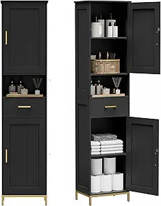 Homhedy 67" H Bathroom Storage Cabinet, Tall Storage Cabinet with Adjustable Shelves, Freestanding Cabinet with Doors and Drawer, Narrow Cabinet for Bathroom, Living Room, Kitchen, Dining Room, Black