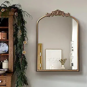 WAMIRRO Antique Mirror,Gold Traditional Vintage Ornate Baroque Arched Brass Mirrors Entryway/Fireplace/Living Room/Hallway/Bathroom 24"X36"