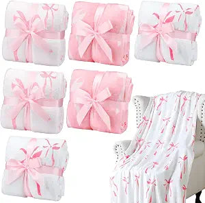 Buryeah 6 Pcs Pink Bow Throw Blanket Coquette Pink and White Preppy Sleepover Blanket 40"x 60" Flannel Soft Decor Lightweight Aesthetic Plush Room Decor for Sofa Couch Travel Bed Christmas Decoration