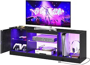CHOEZON TV Stand with Power Outlets 55 65 inch, Modern Entertainment Center with Multi-Color LED Light, Media TV Console with Adjustable Glass Shelves for Living Room Black MDS01UDBB