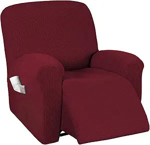 PrinceDeco Recliner Chair Cover Stretch 1 Piece Recliner Slipcover Furniture Protector with Elastic Bottom Chair Slipcover with Side Pocket Thick Soft Small Checked Jacquard Chair Cover, Burgundy