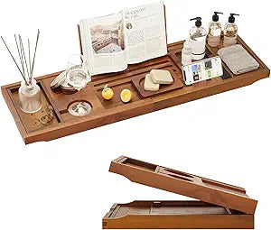 Premium Foldable Teak Bathtub Tray, Expandable Bath Tray for Tub, Luxury Bathtub & Bathroom Accessories