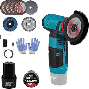 Cordless Angle Grinder, 12V Mini Angle Grinder Tool with 2x 1100mAh Batteries and 7 Cutting Discs, 19000RPM Handheld Cutter for Metal and Wood Grinding, Sanding, Rust Removal