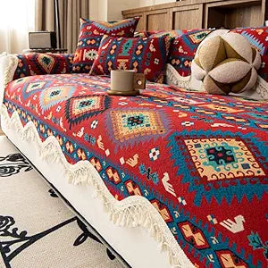 VOGOL Boho Sectional Sofa Cover, Non Slip Aztec Scalloped Edge Couch Protector with Fringe Tassels, Red Geometric Chenille Furniture Pad, 27x70 Inches, 1 Piece