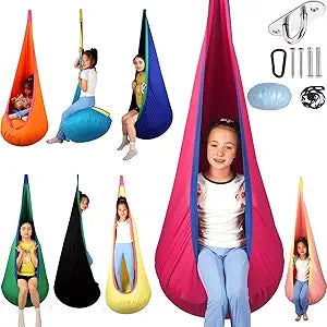 HiCamer Sensory Swing for Kids indoor and outdoor Pod hammock Chair Seat Upgrade Max 300 lbs Hanging Swing with Inflatable Cushion Includes Hardware Hanger Kit for Aspergers Autism ADHD (Cranberry)