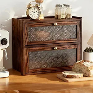 Thyle Vintage Bread Box for Kitchen Countertop Retro Wooden Bread Storage Box 2 Layer Breadbox Holder Large Capacity Storage Container Bin for Kitchen(Brown,14.4 x 13.4 x 9.4 Inches,Rectangle)