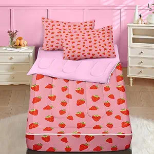 Nesker Strawberry Zipper Bedding Twin Pink Bedding Set for Girls and Kids, Cute Fruit 3 Pcs Comforter Bed in a Bag with Fitted Sheet and 2 Pcs Pillowcases