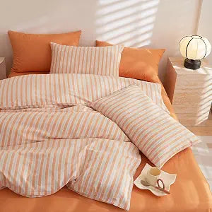 Queen Size 100 Cotton Duvet Cover Set Orange Striped Design,1 Duvet Cover with 2 Pillowcases,Soft Comfy Breathable Bedding Set,Quilt Covers with Zipper Closure Machine Washable 90"90"