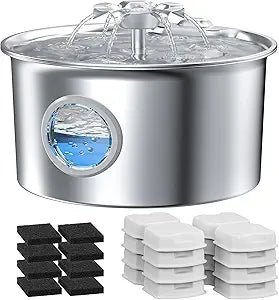 Pet Water Fountain Stainless Steel: Cat Fountain with 8 Filters & 8 Sponges | 88oz/2.6L Automatic Cat Watering Dispenser Bowl with Water Level Window - IHOUONE Quiet Fountains for Cats & Dogs Owners