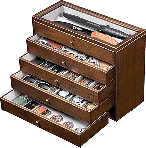 5-Tier Large Knife Display Case & Organizer, Wooden Pocket Knife Storage Box with Transparent Lid, Collector-Grade Holder for Folding Knives and Daggers, Ideal Mens Gift