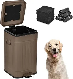 Dog Poop Trash Can with Lid for Outdoors3.2 Gallon Trash Can with Activated Carbon Filter & Plastic Bags, Pet Waste ContainerUP12L-Brown-F+90BK