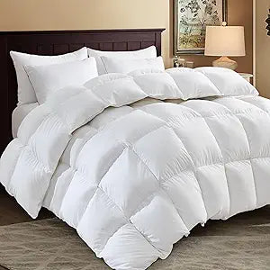 SHOUREN White Luxurious Goose Feather Down Fiber Comforter, All Season Hotel Collection Bed ComforterUltra Soft 100% Cotton Duvet Insert with Corner Tabs, Queen Size 90"X90"