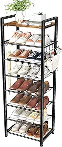Simple Trending 8 Tiers Shoe Rack 16 Pairs Tall Wooden Plank Shoe Shelf with Hooks for Closet Entryway Organizer Sturdy Free Standing Shoe Storage CabinetBlack