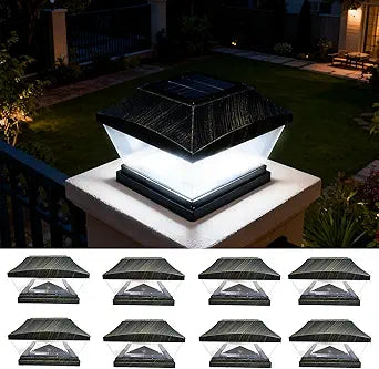 Solar Post Cap Lights Outdoor, 6x6 & 4x4 LED Deck Post Light with Dusk to Dawn Sensor, Bright White Waterproof Solar Pillar Fence Cap for Deck Patio Garden, No Wiring, Brushed Copper, 8 Pack
