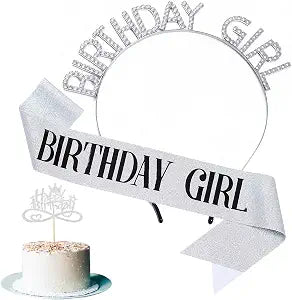 3 Pack Silver Birthday Girl Sash Rhinstone Headband Set for Women Glittery Cake Topper Happy Birthday Crown&Tiara Accessories Decorations Gifts for Kids