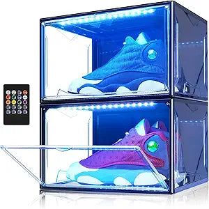 Oltraman Shoe Storage Organizer for Closet, Foldable Shoe Boxes Rack 2 pack, Clear Plastic Stackable Containers Bins Holder, Magnetic Sneaker Shelf for Sneakerheads with LED Lights (Black)
