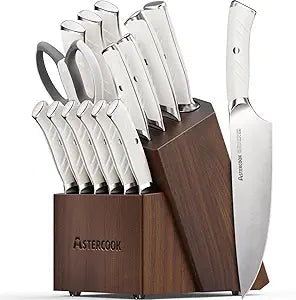 Knife Set, Astercook Kitchen Knife Set with Block, 15 Pcs Luxurious High Carbon German Stainless Steel Knives Set with Full Tang Ergonomic Handle, Dishwasher Safe Knife Set with Sharpening Rod, White