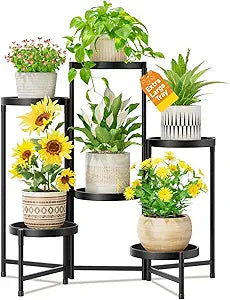 LASZOLA 6 Tier Large Plant Stand Indoor Tall with 10 Inch Metal Tray, Corner Folding Flower Display Rack, Modern Plant Holder Shelf for Outdoor Patio Porch Garden Office Living Room, Black