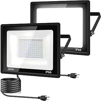 2Pack LED Flood Light Outdoor,250W LED Work Light 25500lm with 6FT US Plug,IP66 Waterproof Exterior Security Lights,6000K Daylight White Outside Floodlights Slim Design for Playground Yard