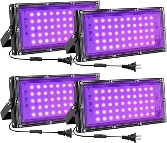 50W LED Black Lights for Glow Party, IP65 Waterproof UV Blacklight Floodlight 395nm Black Light Spotlight Purple Black Light Flood Light Fluorescent UV Light Lamp for Halloween Decor (4 Pack)