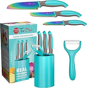TruChef 5-Piece Kids Cooking Chef Knife Set | Real Stainless Steel Knives with Peeler, Serrated Knife & Holder | Kids Safe Rounded Tips, Easy-Grip Handles | Kitchen Knife Set (5 pcs, Aqua)