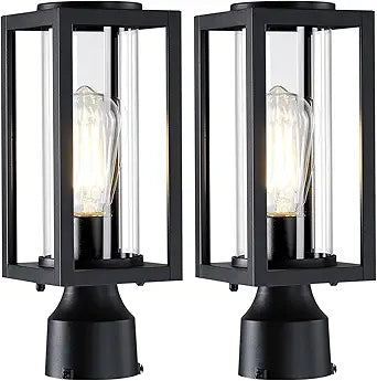 Outdoor Post Lights Lamp Post Light Fixture 2 Pack, Modern Black Exterior Post Lantern Fixture with Tempered Glass, Anti-Rust Light Posts for Outside for Driveway Patio Garden