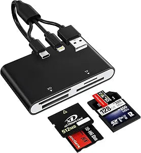 4 in 1 Memory Stick Pro Duo Adapter, Multi Memory Card Reader with Lightning/USB-C/USB-A for SD/TF/MS/XD, Sony Cybershot Memory Stick Pro Duo Reader for iPhone/Android/PC/iPad/Camera, Plug & Play