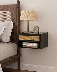 Floating Nightstand With Drawer - Small Modern Shelves for Bedroom, Bathroom (Black Rattan)