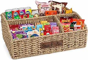 Snack Organizer for Countertop, Trapezoid Snack Organizer Seagrass Wicker Basket, 3 Compartments Snack Box Container, Snack Bar Station Organizer, Kitchen Cabinet Pantry Organizer and Storage