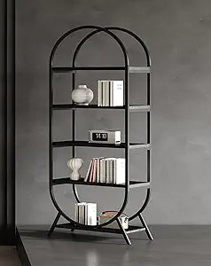 Bookshelf Arched Bookcase, Industrial 5 Tier Open Book Shelves with Metal Frame, 72" Tall Freestanding Display Rack for Home Office, Living Room, Black