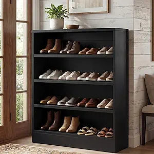 Homieasy Shoe Cabinet, 5-Tier Modern Wood Shoe Storage Organizer with 3 Adjustable Shelves for Entryway, Multi-Purpose Display Shelf & Storage Cabinet for Living Room, Bedroom, Black