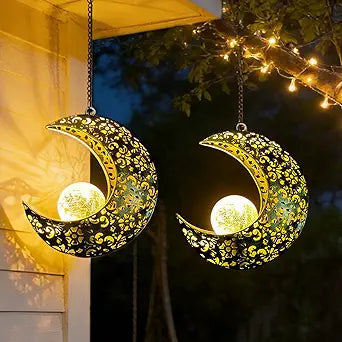 Solar Garden Hanging Moon Lights Outdoor Decor,2 Pack Metal Lanterns Art Decorations for Outside Yard Lawn Patio Wall Fences Driveway Trail,Unique Housewarming Gardening Gifts for Women Mom