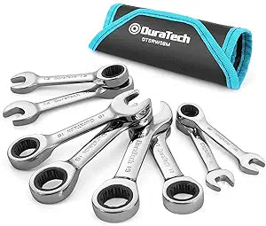 DURATECH Stubby Ratcheting Combination Wrench Set, Metric, 8-piece, 10, 11, 13, 14, 16, 17, 18, 19mm, CR-V Steel, with Pouch