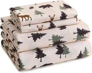 LONAVA 100% Cotton Flannel Sheet Set 4 Pieces, Heavy-Duty Fluffy Flannel Design, Thermal Lock Technology, 16 inch Deep Pocket Cozy Soft Bedsheets,(Queen,Fall Forest)