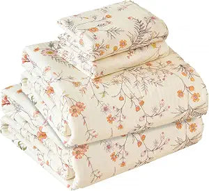 Zusbest Floral Sheets King Size 100% Cotton Cream Orange Bed Sheet Set, Soft Breathable for Hot Sleepers, Countryside Vintage Yellow Flower Pattern Bedding Deep Pocket 17.5, 4Pcs, King