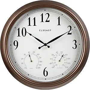 CLXEAST Indoor Outdoor Clocks Waterproof 16 Inch, Large Outdoor Clock Thermometer Combo& Hygrometer,Bronze/Dark Brown Finish,House Warming Gifts New Home