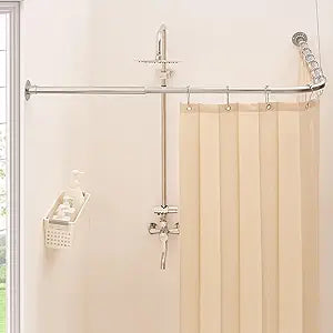 L Shaped Corner Shower Curtain Rod, [23.6"-52"] x [23.6"-52"] Heavy Duty 90 Degree Adjustable Shower Pole for Bathroom, Bathtub & Outdoor with 12 Hooks & Ceiling Support - Brushed Nickel