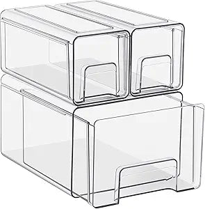 Sorbus 1 Large & 2 Small Clear Stackable Storage Drawers, Plastic Organizer Bins with Handles, Pull-Out Stackable Drawers for Bathroom Closet, Medicine, Cabinet, Pantry Storage, Baby Bottle Organizer