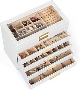 AKOZLIN 5-Tier Jewelry Box with Clear Glass Lid Functional Leather Jewelry Storage Organizer Case 4 Drawers for Women Girls Necklace Ring Bracelet Earring