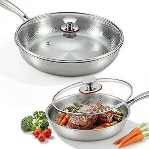 LemonRoad 2 Pcs 10.24" 11.81" Titanium Pan Set, Hammered Titanium Pan with Lid for Cooking Durable Scratch Resistant, Safe for Oven Induction